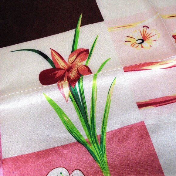 Vintage Scarf 19" Square Satin pink floral neckerchief retro summer - Picture 2 of 4
